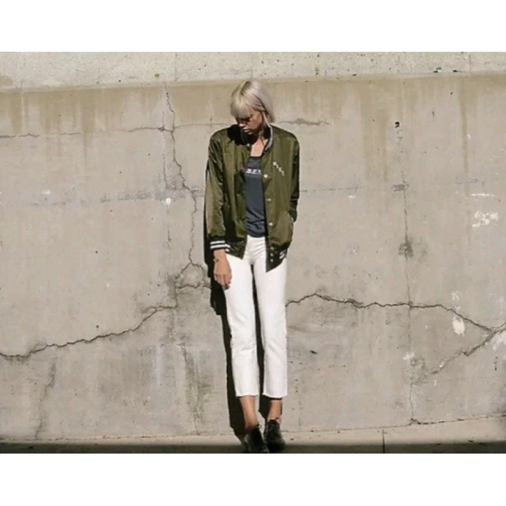 Obey Worldwide Olive Green Bomber Jacket Embroidered Cities‎ Roses Womens Small